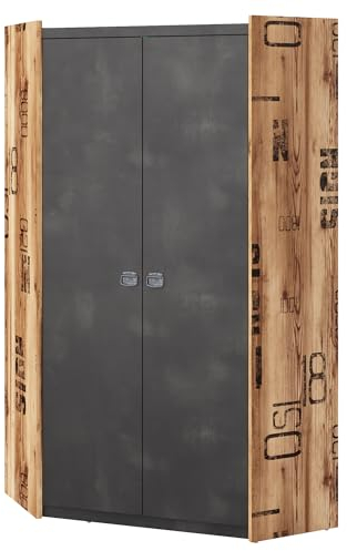 MEBLINI Eckschrank Kleiderschrank 2 Türig mit Einlegeböden und Kleiderstangen für Kinderzimmer - Drehtürenschrank - Schrank mit Einlegeböden - Kleiderschrank Industrial Style - Fargo FG-17