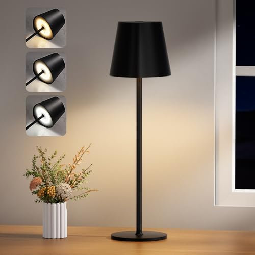 PreeOtti Lampada da Tavolo Senza Fili Touch Dimmerabile, 3 Modalità di Colore, Lampada da Comodino LED Ricaricabile per Camera da Letto, Soggiorno, Campeggio all'aperto Esterno Verande(Nero)