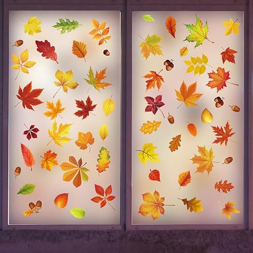 9 Sheets Autumn Maple Leaf Window Static Stickers, Thanksgiving Windbw Cling, Autumn Home Decor Reusable Autumn Leaves Clings for Thanksgiving Day Halloween Harvest Home Party Decoration