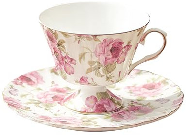 fanquare Tazas y Platillos de Té Flor Rosa, Tazas de Café de Porcelana Rosa Vintage de 200ml con Borde Dorado, Juego de Taza y Plato de Café de China para Mujer, Latte