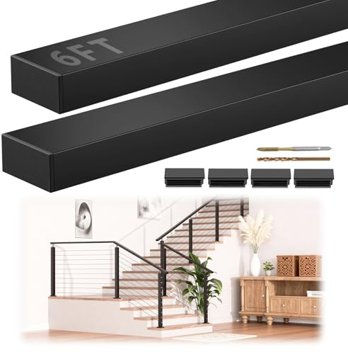 Gyykzz 6FT Stainless Steel T304 Handrail Black, 2 Pack Rectangular Cable Railing Handrail Flat Deck Top Rail with Nylon End Caps for Indoor Outdoor Deck Stair Cable Railing System DIY Balustrade
