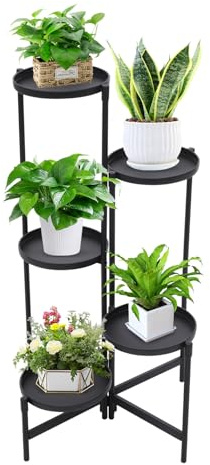Étagère à fleurs à 5 niveaux, en acier au carbone, support d'angle à plusieurs niveaux, support en métal, pour fleurs, terrasse, jardin, balcon (noir)
