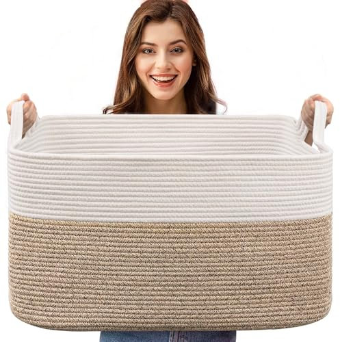 Esteopt Extra Large 65L Foldable Storage Baskets with Handles - Heavy Duty Cloth Organizer Box for Toys, Blankets, Seasonal Clothes - Collapsible Space Saving Design (55x38x30cm) (White Flaxen)