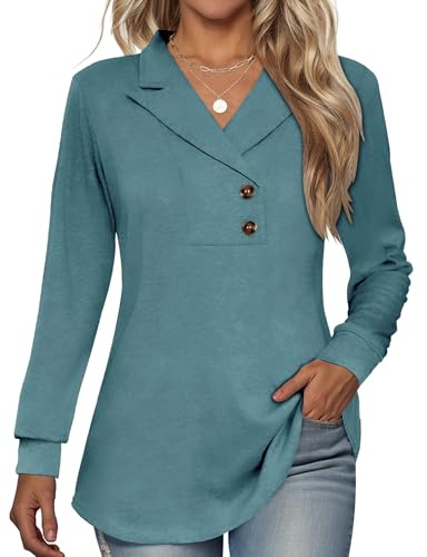 Tisfeer Damtröja långärmad toppar knapp v-ringad tunika skjortor business dressy vardaglig gunga solid pullover 2025, Blå grön, XXL