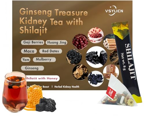 Shilajit Resin Honey Sticks & Ginseng Treasure Kidney Tea | Natural Liver Detox Kidney Chinese Cleansing Tea for Male Enhancement Support Booster | Energy Boost, Kidney Health Support