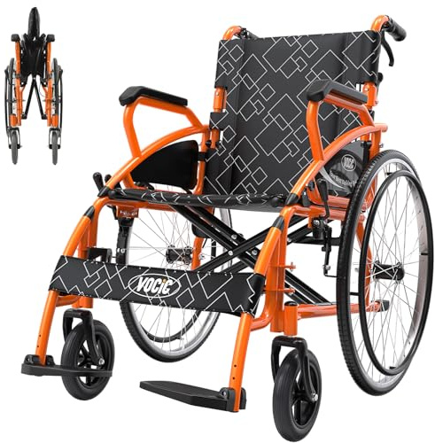 VOCIC Wheelchair for Adults Lightweight Portable Folding Wheelchair for Seniors with Flip-Back Arm Self-Propelled Wheelchair for Seniors with Double-Brake Designwith 23.6-Inch Large Rear Orange