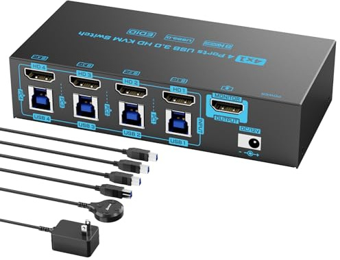 8K KVM Switch 4 PC 1 Monitor 4 Port HDMI 2.1 USB 3.0 8K @ 60Hz/4K @ 144Hz 4 Entradas 1 Salida Teclado/Ratón KVM Switch EDID EDID para 4 PCs Compartir 1 Monitor & 4 Dispositivos USB, con 4 cables USB