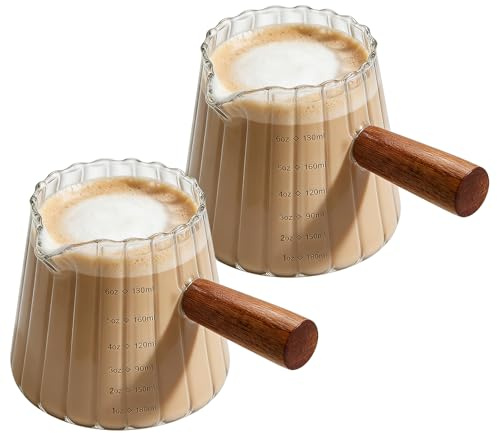 2 Pezzi Bicchiere Dosatore Per Espresso, 180ml Tazza Per Caffè Espresso A Grana Verticale Trasparente Per Schiuma Di Latte Bicchiere Con Manico In Legno, Bilancia,Misurino Per Espresso Per Casa E Bar