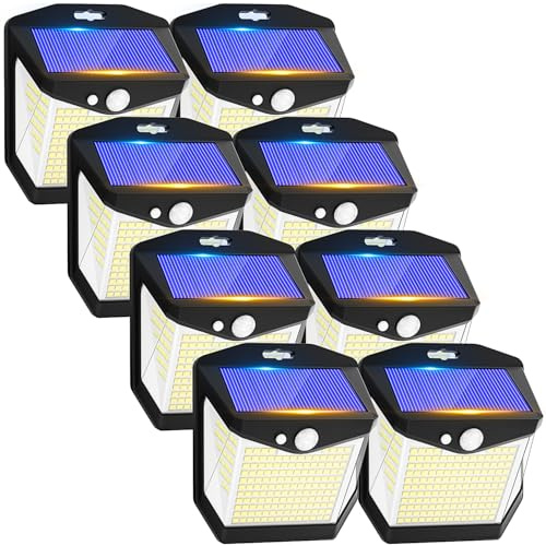 Solar Security Lights Outdoor Garden 248 LED Solar Powered Wall Lights with Motion Sensor and 3 Lighting Modes 270° Wide Angle Illumination IP65 Waterproof for Outside Fence Door Yard Garage 8 Pack