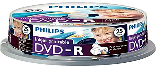 Philips DVD-R Rohlinge bedruckbar High-Speed (4.7 GB /120 Minuten Video, 1-16x Speed, 25er Spindel, White injet Printable)