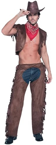 Smiffys Fever Male Ride Em High Cowboy Costume with Waistcoat Chaps and Scarf brown MEDIUM