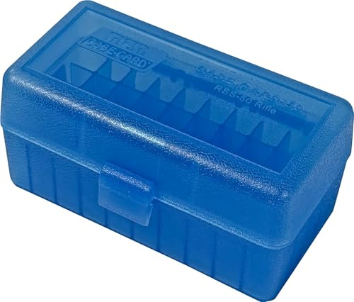 MTM Case-Gard RS-S-50-24 Rifle Ammo Box, 50 Round, 22-250 6.5 Grendel 22 ARC 6mm PPC 7.62 x 39 Rus, USA Made, Clear Blue