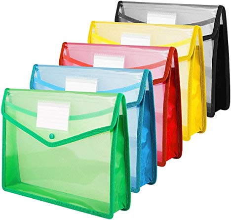 Lot de 5 pochettes A4 en plastique avec bouton-pression A4 + pochettes pour documents sélectionnées avec bouton pour l'école, le bureau, la maison - Rouge, bleu, jaune, vert, noir