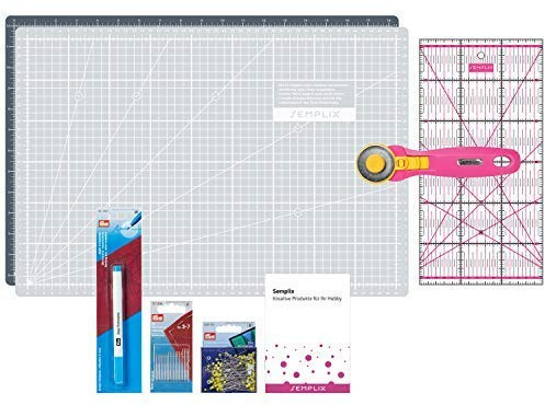 SEMPLIX Patchwork Starter Set with Cutting Pad (A3), Rotary Cutter Maxi, Ruler + Prym Sewing Needles, Pins & Trick Markers Grey/pink