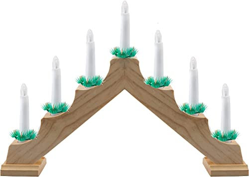 VFM - Led Candle Bridge Natural Wooden 7 Battery Powered Traditional Christmas Decoration Light for Window Sill Or Mantlepiece With Festive Foliage Trimming