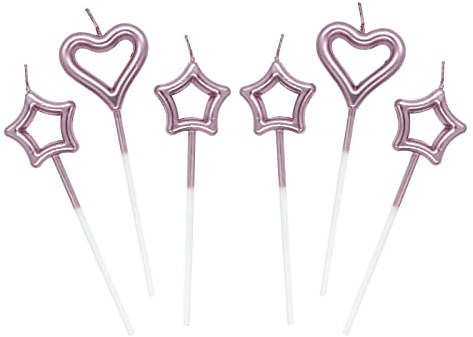 Lahviuu 2 PCS Candeline Compleanno a Cuore 4 PCS Particolari Candele di Compleanno a Forma Stellare per Decorazione della Torta di Feste di Compleanno e Matrimonio,Oro Rosa