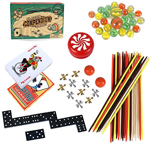 GOTHINK 6-in-1 Classic Games Set - Double 6 Dominoes, Pick Up Sticks, Playing Cards, Marbles, Jacks & YO-YO for Kids, Families, Classroom, Party & Birthday