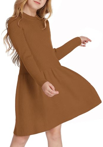 Arshiner Niños Niñas Vestidos y Mamelucos de Manga Larga Vestido Suéter de Punto Acanalado Vestido Jersey Vestidos de Fiesta Regalos para Niños Marrón 140