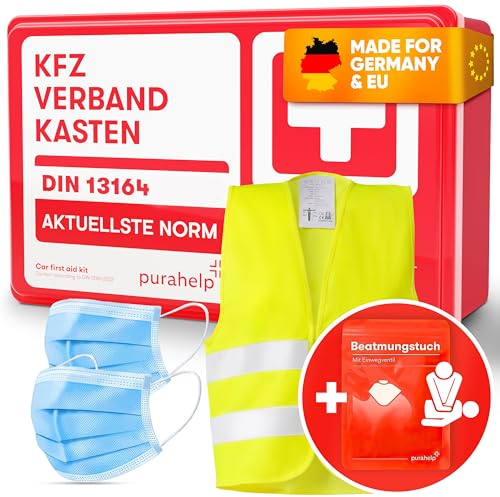 PURAHELP KFZ Verbandskasten DIN 13164 + Warnweste Auto - Inkl. Beatmungstuch, 2x Klettstreifen - Erste Hilfe Set Auto Verbandskasten 2025