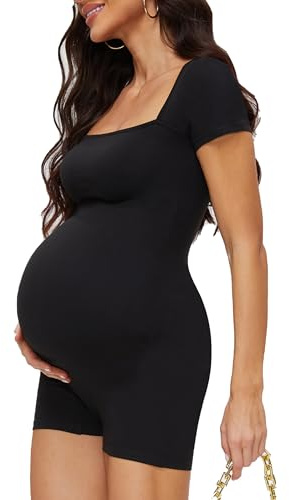 Yeshape Women's Maternity Jumpsuit Square Neck Romper Short Sleeve Pregnancy Shorts for Photoshoot Workout (Black XL)