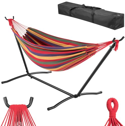 BAKAJI Hamac de Jardin brésilien avec Support en Acier avec Sac de Transport, Peu encombrant, Cadre Confortable, Multicolore et Structure résistante, capacité de Charge 200 kg, idéal pour l'extérieur