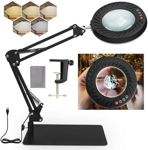 10X Magnifying Glass with Light and Stand, 5-Colour Mode, Seamless Dimming, Adjustable Arm, 4.3” Genuine Glass Lens - Ideal LED Magnifying Lamp for Hobbies, Work, and Reading (USB Power)