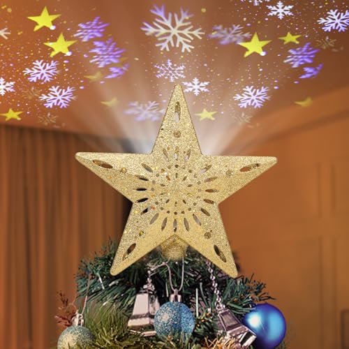 Stella per Albero di Natale, Diealles Shine Puntale per Albero di Natale a Forma di Stella, Oro Topper per Albero di Natale, Christmas Tree Stella con Luci Proiettore per Decorazioni (24 x 26 cm)