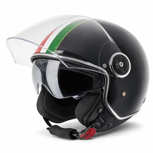VINZ Neiva Casque Jet avec Visière Solaire et Visière | Casque de Scooter Moto / Vintage | Drapeau Italien | Certifié ECE 22.06 | Tailles XS-XXL - Noir
