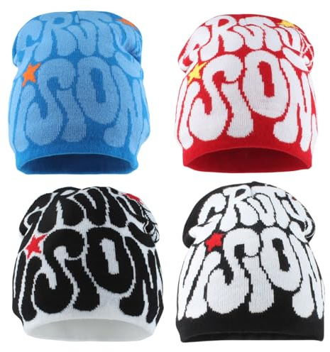 yolrdiw 4 Pieces Y2k Beanie Letter Graphics Knitted Hat Winter Warm Skull Cap for Women Men