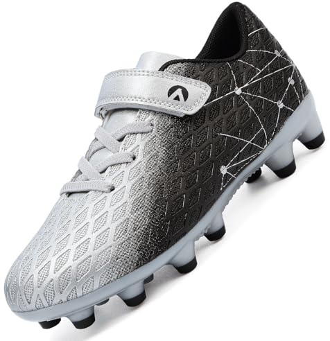LECYGNB Botas de fútbol para niños, niñas, atletismo, entrenamiento, Astro Turf, zapatos de fútbol para adolescentes, profesión, competición, interior y exterior, unisex, negro plateado, 39 1/3 EU
