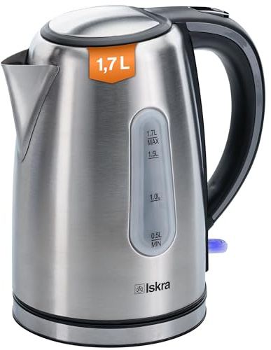 Iskra Edelstahl Wasserkocher, 1,7L mit Schnellaufheizung 2200W, 360° Basis, Sicherheitssystem & Wasserfilter