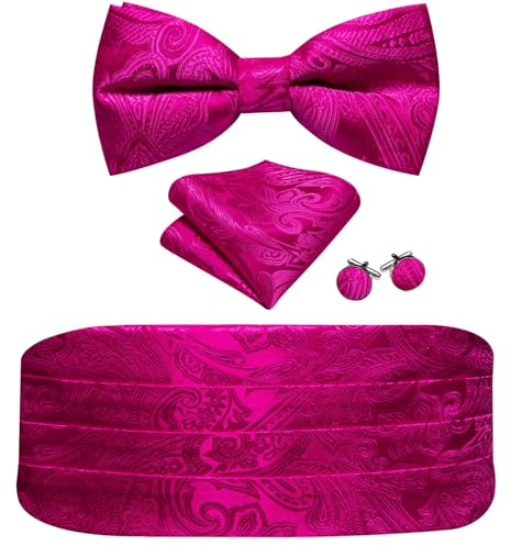 Barry.Wang kummerbund fluga set för män, silke kummerbund förbunden fluga ficka fyrkantiga manschettknappar, Rosa (Hot Pink), en storlek