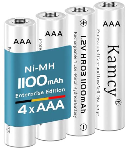KAMCY NiMh - Pilas Recargables AAA de Alta Capacidad, 1100 mAh – Pilas AAA Recargables, 1,2 V LR03, Paquete de 4 – Edición Empresarial, precargadas