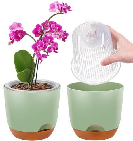 2er-Set Orchideentopf, 14,7 cm Doppelschicht-Design – Transparenter Selbstbewässerungstopf mit Übertopf, Orchideen-Bewässerungssystem, Blumentopf für Orchideen(Grün)