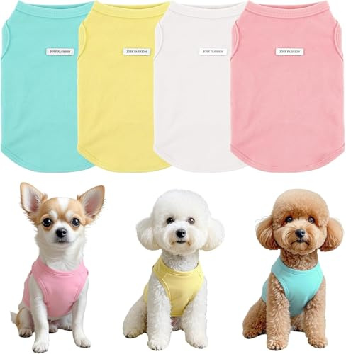4 magliette estive per cani, senza maniche, colorate, canottiere traspiranti per cani di taglia piccola e media, abbigliamento per gatti,4 pezzi (giallo, bianco, blu, rosa),Gilet orsacchiotto per cucc