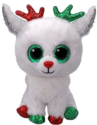 TY Beanie Boos - Snowdrop la Renna di Natale con Occhi Verdi Grandi e Glitter, il Peluche con gli Occhi Grandi Scintillanti - 15 cm - T37383