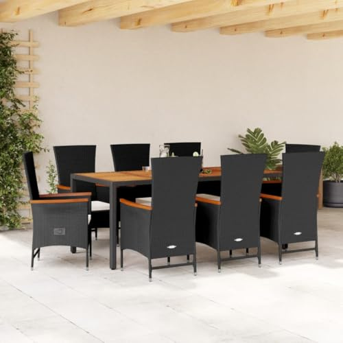 Teenpull 9-TLG. Gruppo da giardino nero in polyrattan, sedie regolabili con cuscino bianco panna, tavolo in legno di acacia per patio, esterno, balcone