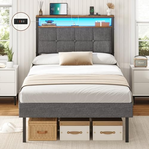 AOGLLATI 3ft Single Bed Frame 90x190 Upholstered Bed Frame With LED Lights & Charging Station Metal Bed Frame with Upholstered Storage Headboard/Under Bed Storage/Noise Free (Single-90x190cm)