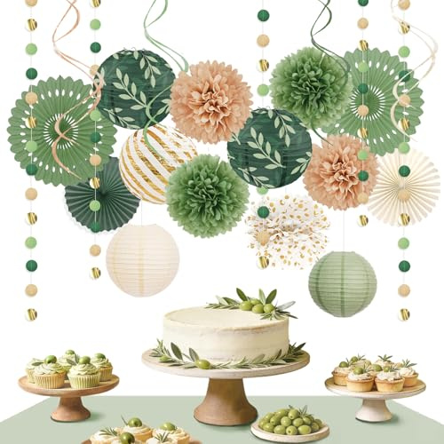 AOBKIAT Kit decorativo per feste di compleanno, con pompon in carta velina verde e cachi, lanterne, scomparti per fiori, stelle filanti e ghirlande di stelle per matrimoni, feste di nozze