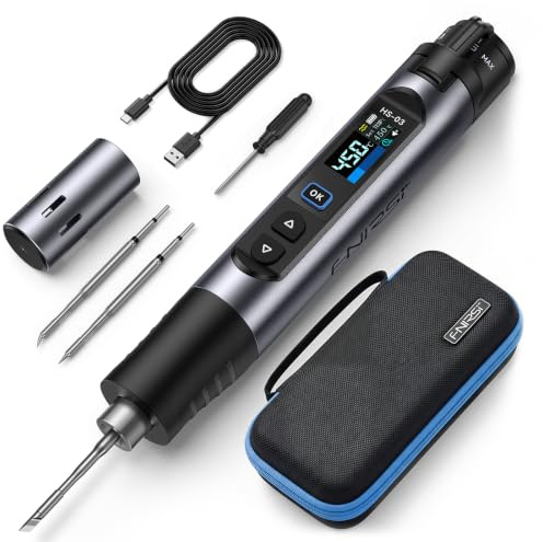 FNIRSI HS-03 Kit Saldatore a Batteria, Saldatore Portatile Senza Fili con Batteria 2600mAh, 100–450°C, Riscaldamento Rapido 3s, 5 Livelli Temperatura, Display IPS 0,96, per Elettronica, DIY, PCB