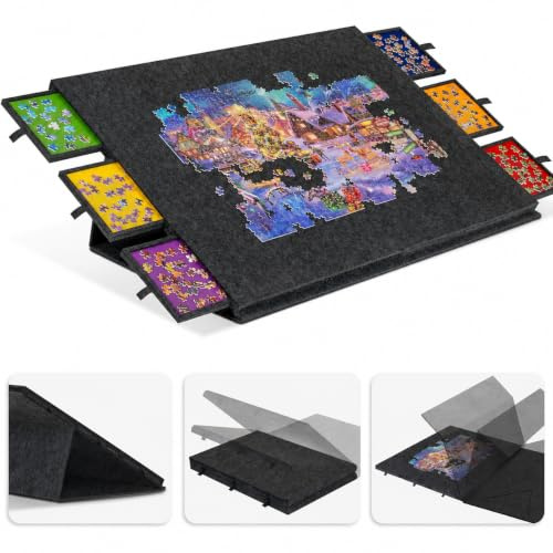 Refein Jigsaw Puzzle Board 2000 Pieces - Folding Tilting Puzzle Table | 2-in-1 Designed Stand & Cover Lightweight Felt Storage Case with 6 Colorful Drawers for Adults and Kids Portable Jigsaw Games