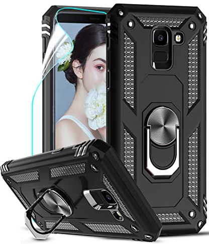 LeYi Hülle Galaxy J6 2018 Handyhülle,360 Grad Drehbar Ringhalter Cover TPU Bumper Stoßdämpfung Schutzhülle mit HD Folie Schutzfolie für Case Samsung Galaxy J6 2018 Handy Hüllen Schwarz