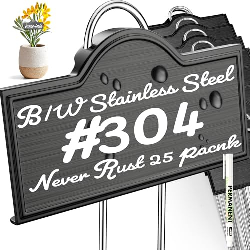 Stainless Steel 304 Plant Labels Weatherproof, Metal Garden Label Tall Markers 25 Pack for Outdoor Plants Vegetables Herb Seedlings Flowers with a Pen, Label Area 3.74'' x 1.39'' Height 10.75 Inch