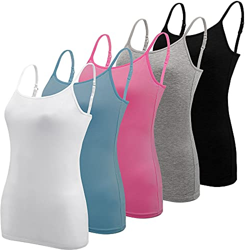 BQTQ 5 Pcs Basic Camisole Spaghetti Strap Camisole Tank Tops for Women and Girl (Black,White, Gray, Blue, Rose Red, Medium)