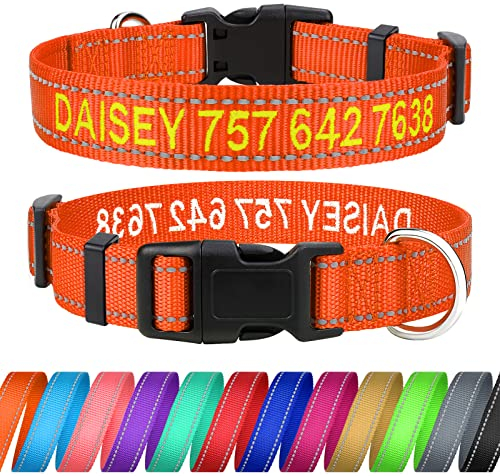 TagME Personalisierte Hundehalsband für Mittlerer Hund Mit Gestickten, Reflektierendes Nylon Hundehalsband Mit Pet Name & Telefonnummer, Orange M