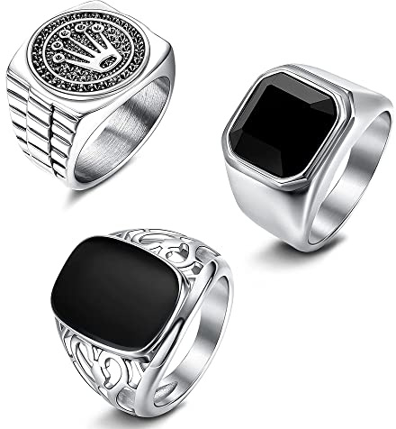 JeweBella 3 Piezas Anillo Hombres Sello Acero Inoxidable Vintage Punk Biker Anillos Conjunto Gótico Corona Anillos Joyería para Hombres Mujeres Tamaño 14-30