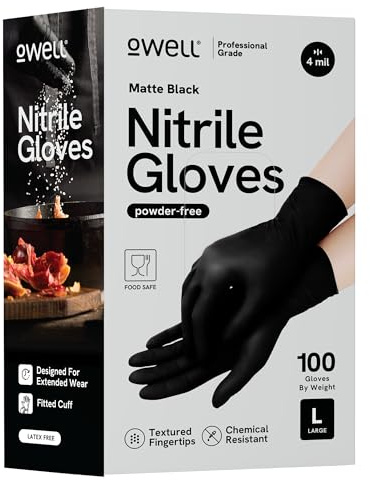 OWELL® Black Nitrile Disposable Gloves – LARGE - 100 ct | 4 Mil, Food Safe Certified, Powder-Free, Latex-Free, Medical Exam