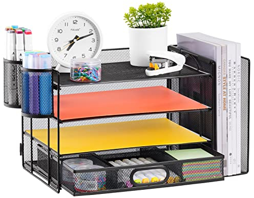 Schreibtisch Organizer, 4-Tier Schreibtisch Datei Organizer mit Schublade und 2-Stift Halter, Multifunktionspapier Tray Organizer, Schreibtisch Organizer und Zubehör für Home Office Zubehör, Schwarz