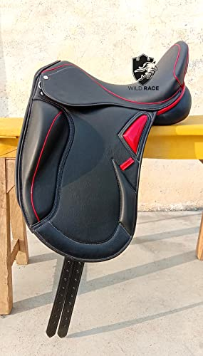 WILD RACE Leder-Dressur-Monoflap-Wechseleisensattel/Leather Dressage Monoflap Changeable Gullets Saddle (18, Schwarz (Black))
