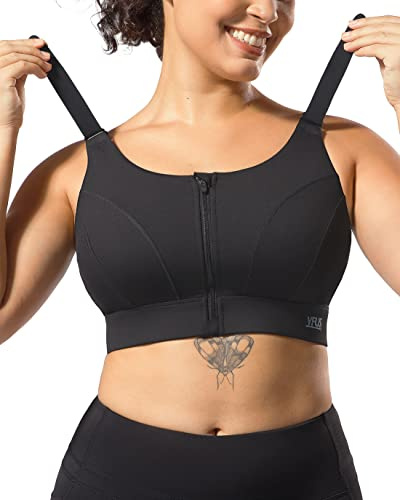 VFUS Adjustable High Impact Sports Bras for Women Zip Front Full Coverage and Lift Padded Compression Tops, Black, L